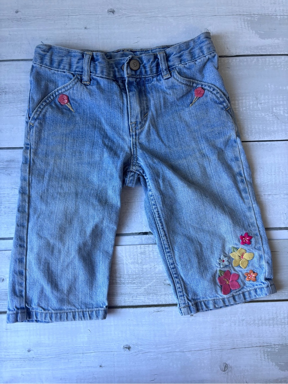 Gymboree Light Blue Denim Flower Embroidered Bermuda Shorts